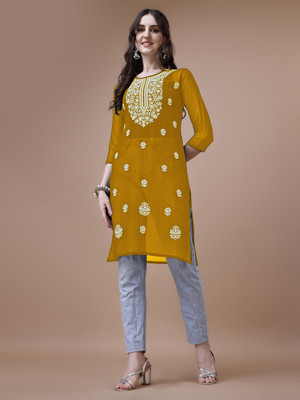 Anmi Chikan Embroidery Women Straight Kurta(Yellow)