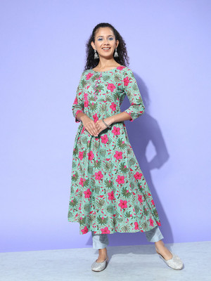all about you Women Printed A-line Kurta(Green)