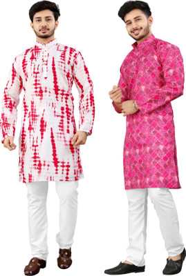 DHASU TRENDZ Men Printed Straight Kurta(Pink, White)