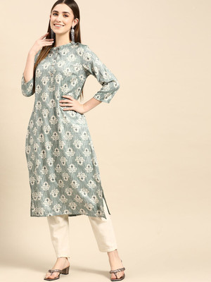 ANOUK Women Printed Straight Kurta(Grey)