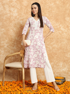 Sa Rasa Women Floral Print Straight Kurta(Purple)