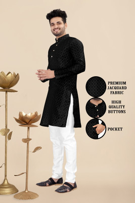 FABWAX Men Self Design Straight Kurta(Black)