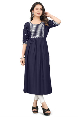 MATHAE Women Embroidered A-line Kurta(Dark Blue)