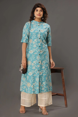 YZTI Women Printed Straight Kurta(Blue)
