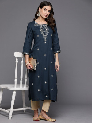 ANOUK Women Self Design Straight Kurta(Dark Green)