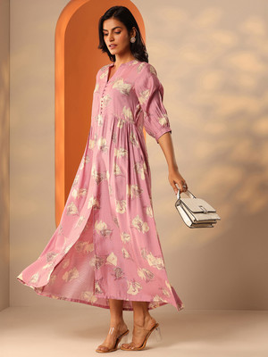 LIBAS Women Floral Print Flared Kurta(Pink)