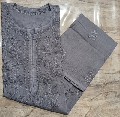 Adab chikan handicraft Women Chikan Embroidery Straight Kurta(Grey)