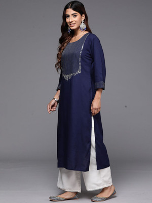 ANOUK Women Embroidered Straight Kurta(Dark Blue)