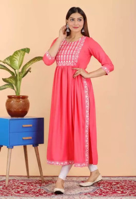 BDREE Women Embroidered Straight Kurta(Pink)