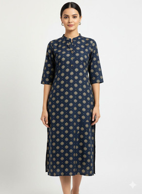 Ambara Women Printed, Geometric Print A-line Kurta(Dark Blue)