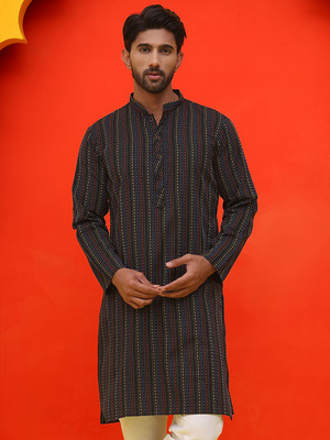 Anouk Rustic Men Striped Straight Kurta(Black)