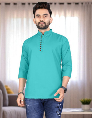 click n buy Men Solid Trail Cut Kurta(Green)