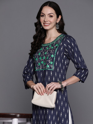 Indo Era Women Self Design Straight Kurta(Blue)