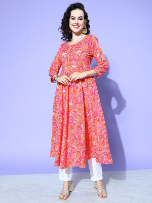 all about you Women Printed Anarkali Kurta(Pink)