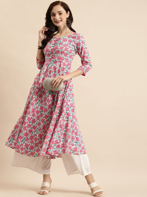 ANOUK Women Printed Anarkali Kurta(White, Pink)