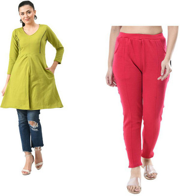 IndiWeaves Women Solid Flared Kurta(Red, Light Green)