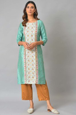 W Women Floral Print Straight Kurta(Green)