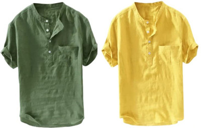 COSLETIC Men Solid Straight Kurta(Yellow, Green)