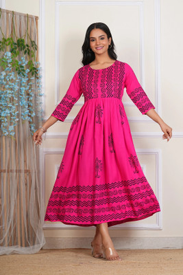 Priyshi Designing Women Printed, Block Print Flared Kurta(Pink)