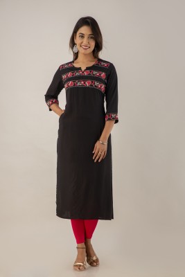 Srishti Creations Women Embroidered Straight Kurta(Black)