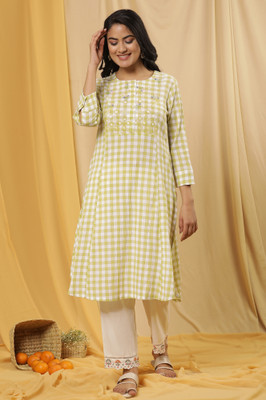 W Women Checkered A-line Kurta(White, Light Green)
