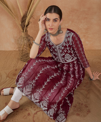 Sangria Women Embroidered A-line Kurta(Maroon)