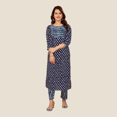 RISHABH FASHION Women Printed Flared Kurta(Blue)