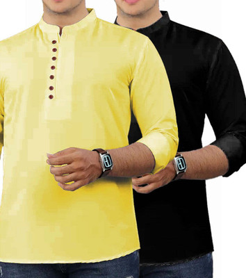 GOD HEART Men Solid Straight Kurta(Yellow)