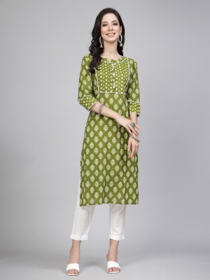 LARGISH Women Printed Straight Kurta(Green, Dark Green, White)