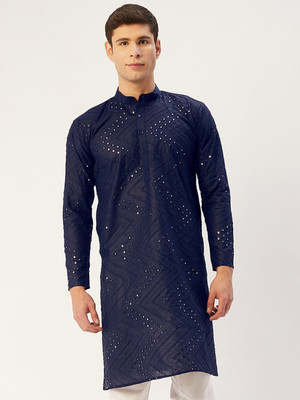 Jompers Men Printed Straight Kurta(Blue)