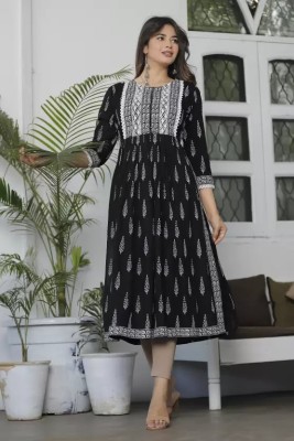 GEHU GARMENTS Women Printed Anarkali Kurta(Black, White)