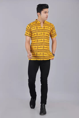 Pankaja Creation Printed Men Mandarin Collar Yellow T-Shirt