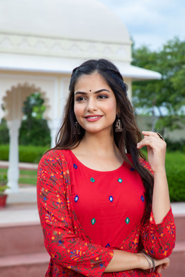 jaipurite Women Printed Anarkali Kurta(Red)