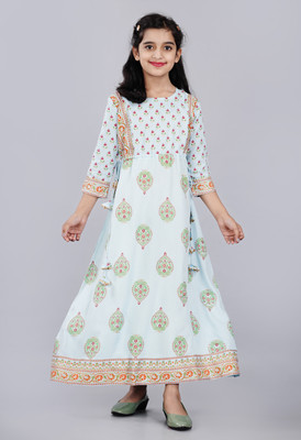 DMP EXPORT Girls Floral Print A-line Kurta(Light Blue)