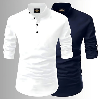 Fashion Marts Men Solid Straight Kurta(Dark Blue, White)