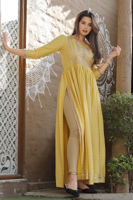 BANJAARA FASHION Women Embroidered A-line Kurta(Yellow)