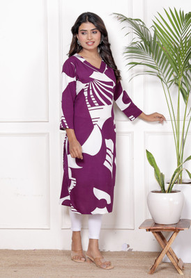 aashub Women Printed A-line Kurta(Purple)