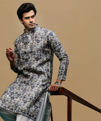 Sanwara Men Printed Straight Kurta(Grey)