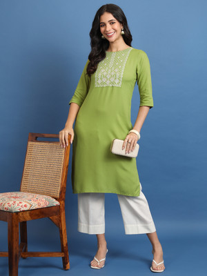 Vishudh Women Printed Straight Kurta(Green)