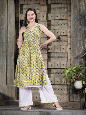 Stylum Women Geometric Print A-line Kurta(Light Green, Dark Blue, White)