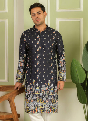 LEMONX Men Printed Straight Kurta(Black)