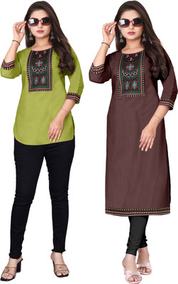 psmn Women Embroidered A-line Kurta(Brown, Light Green)
