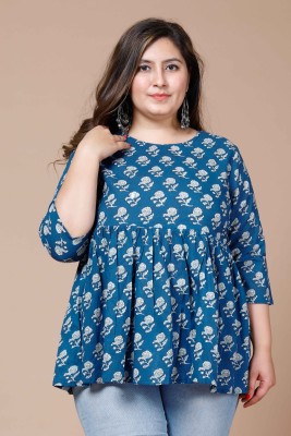 MIRAVAN Women Floral Print A-line Kurta(Blue, White)