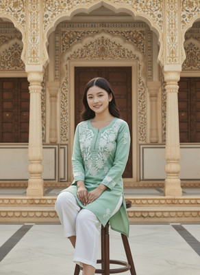 ChikanKari By Klothes Hub Women Embroidered, Chikan Embroidery Straight Kurta(Light Green)