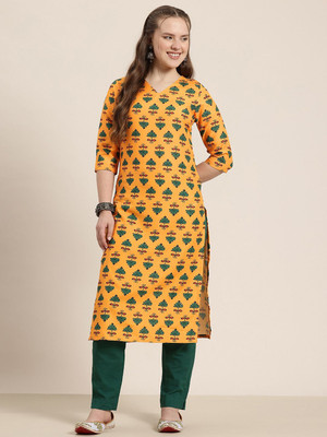 HERE&NOW Women Printed Straight Kurta(Yellow)