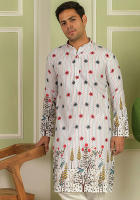 LEMONX Men Printed Straight Kurta(White)