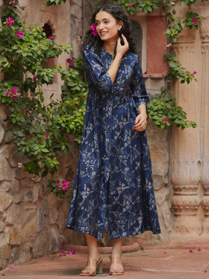 LIBAS Women Printed Flared Kurta(Dark Blue, Grey)