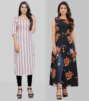 Hiral Creation Women Striped Straight Kurta(White, Orange)