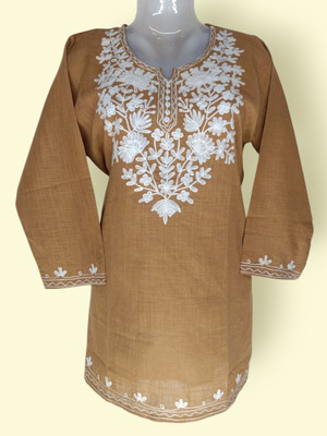 Anshi jari arts Women Embroidered Anarkali Kurta(Brown)