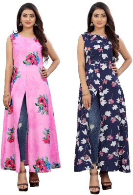 Hiral Creation Women Floral Print Frontslit Kurta(Blue)